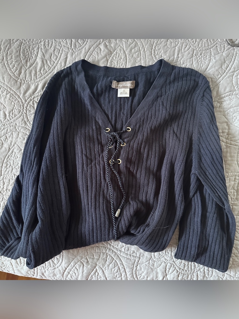 Tommy Bahama v-neck top with grommet and silk cord ties. Size medium.